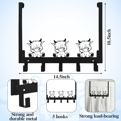 Kathfly Rustic Highland Cow Over the Door Hooks Towel Hooks Heavy Duty Hanging Towel Rack Over Door Hanger, 5 Coat Hanger for Bedroom Bathroom Kitchen - color: Black, style: Rustic Highland Cow