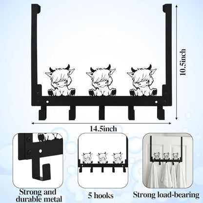 Kathfly Rustic Highland Cow Over the Door Hooks Towel Hooks Heavy Duty Hanging Towel Rack Over Door Hanger, 5 Coat Hanger for Bedroom Bathroom Kitchen - color: Black, style: Rustic Highland Cow