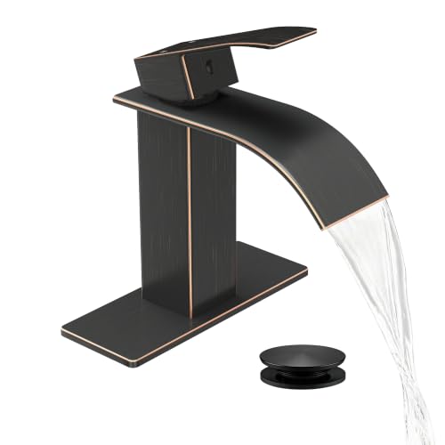 Waterfall Single Handle Bathroom Sink Faucet Oil Rubbed Bronze | Vanity Faucet with Pop-up Drain, llaves para lavamanos de baño, Ceramic Valve, for 1 or 3 Hole Modern Bathrooms. - color: Oil Rubbed Bronze