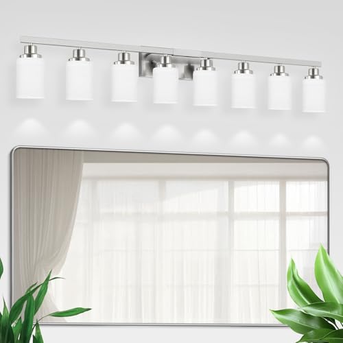 8-Light Bathroom Light Fixtures, 52inch Nickel Vanity Light with Milky White Glass Shade, Modern Bathroom Wall Lights Over Mirror, Farmhouse Wall Sconces Lighting for Bedroom Living Room - color: Nickel, size: 8-Light