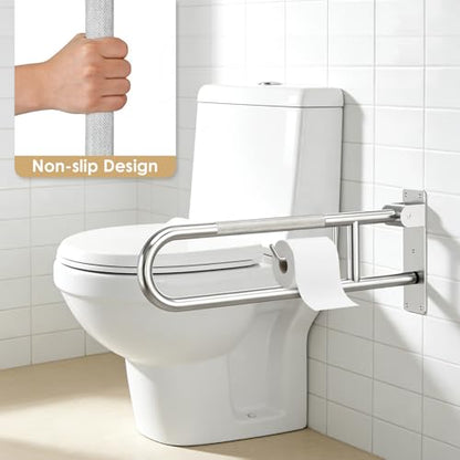 Toilet Grab Bar Support Rail 23.6 Inch, Anti-Slip Knurled Handicap Bathroom Safety Handrails U Shaped Flip-Up with Paper Holder for Elderly Disabled Pregnant, 304 Stainless Steel - size: 23.6in