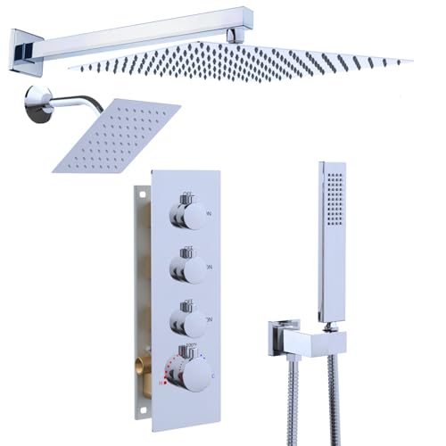 Enga Thermostatic Dual Shower System, 12"+6" Wall Mount Dual Rain Shower Faucet, All Functions Use Together & Volume Adjustable, Chrome - color: Chrome, style: ‎12"+6" Head