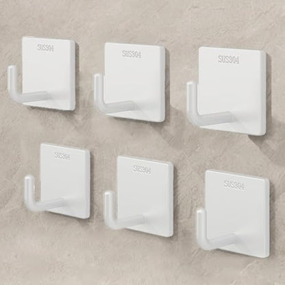 Adhesive Towel Hooks Heavy Duty Wall Hangers 6 Pack, Waterproof Stick-On Towel Holders for Bathroom, Kitchen, or Home Use, Stainless Steel Self-Adhesive Hooks for Hanging, White