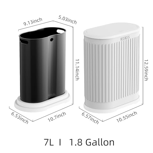 KSSKSS 1.8 Gallons Small White Bathroom Trash Can with Lid, Slim Bathroom Garbage Bin, Removable Liner Bucket, Dog Proof Trash Can with Pop-Up Lid for Bedroom,Toilet - color: White