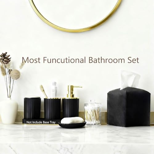 Bathroom Accessory Set with Shower Curtain and Rugs 23Pcs, Black Bathroom Set - Trash Can, Soap Dispenser, Soap Dish, Toilet Brush, Toothbrush Holder, Toothbrush Cup, Tissue Box, Q-tip Holders - size: Bath Set+Shower Curtain+Bath Rugs+Tissue Box