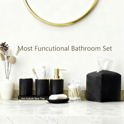 Bathroom Accessory Set with Shower Curtain and Rugs 23Pcs, Black Bathroom Set - Trash Can, Soap Dispenser, Soap Dish, Toilet Brush, Toothbrush Holder, Toothbrush Cup, Tissue Box, Q-tip Holders - size: Bath Set+Shower Curtain+Bath Rugs+Tissue Box