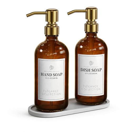 Fachixy Amber Glass Soap Dispenser 2 Pack, 16 Fl Oz, 14 Waterproof Labels | Rust-Resistant Stainless Steel Pump, Non-Slip Pad, Hand & Dish Soap Dispenser Bottles Set for Kitchen and Bathroom - color: Amber