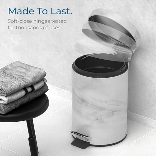 Sanilo Small Bathroom Trash Can with Lid [1.3 Gallon] - Lidded Tiny Trashcan for Garbage - Mini Metal Bin with Soft Closing Mechanism - Bath Room Accessoire Wastebin with Inner Bucket (Marble) - color: Marble