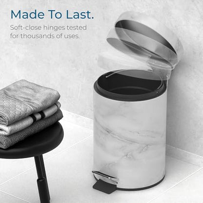 Sanilo Small Bathroom Trash Can with Lid [1.3 Gallon] - Lidded Tiny Trashcan for Garbage - Mini Metal Bin with Soft Closing Mechanism - Bath Room Accessoire Wastebin with Inner Bucket (Marble) - color: Marble