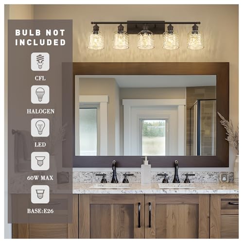 zeyu 35 Inch Farmhouse Bathroom Lighting Fixture, 5-Light Bathroom Vanity Light, Oil Rubbed Bronze Finish with Clear Hammered Glass, ZJF63B-5W ORB - color: Oil Rubbed Bronze|Hammered Glass, size: 5-Light