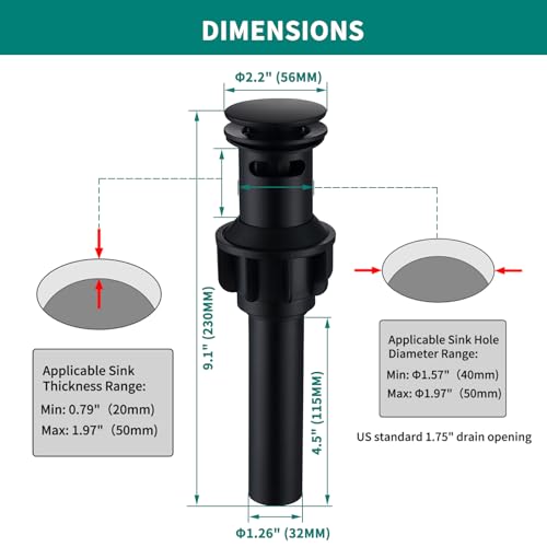 Black Sink Drain with Overflow Pop Up Sink Drain Stopper for Sink Faucet Vessel Vanity Bathroom Sink Drain Strainer with Hair Catcher Anti-Clog Strainer Matte Black, SD30-BK - style: Big Popup Cap-Black