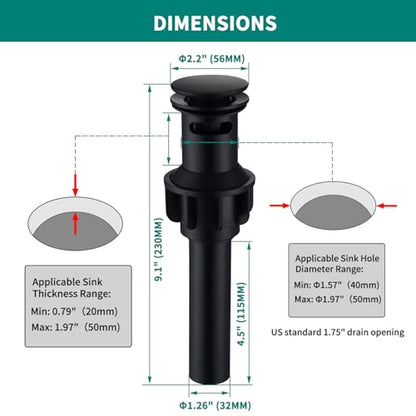 Black Sink Drain Pop Up Sink Drain Stopper for Sink Faucet Vessel Vanity Bathroom Sink Drain Strainer with Hair Catcher Anti-Clog Strainer Matte Black【with Overflow】, SD30-BK-P2 - style: Big Popup Cap-Black, 2 Pack