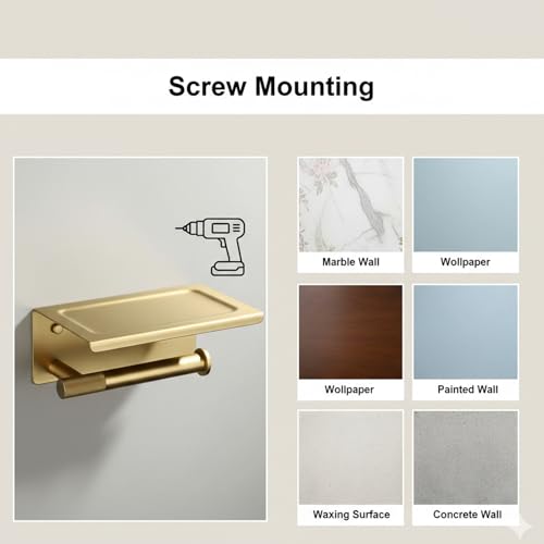 Toilet Paper Holder with Shelf, 304 Stainless Steel PVD Brushed Gold Finish | Wall Mount Toilet Tissue Roll Holder with Shelf for Bathroom Storage, Solid Brass Roll Bar with Knurled Texture Design - color: Pvd Brushed Gold Finish