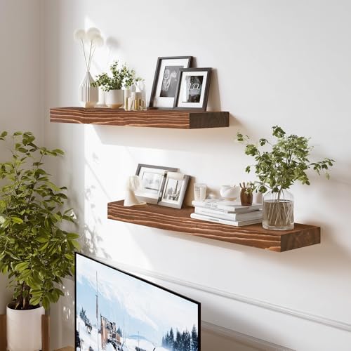Solid Wood Floating Shelves, 24 Inch Wall Shelves, Set of 2, Brown | 8 Inch Deep, 1.6 Inch Thick, Extra-Wide Display Space, Mounting Hardware Included, For Kitchen, Bathroom and Living Room - color: Brown, size: 24x8x1.6