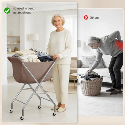 ELYKEN Laundry Basket with Wheels, Collapsible Laundry Hamper, Camel Brown | Removable Liner Bag, Foldable Design, Sturdy Metal Frame, 4 Casters, 32”H Laundry Cart for Bedroom, Bathroom & Laundry Room - color: Camel Brown, size: 23.2"L x 13"W x 32"H