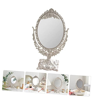 1pc Double Sided Princess Mirror Cosmetic Mirror Princess Makeup Round Stand Lighted Girl Makeup Antique Tabletop Vintage Stand Wheat Straw Beige
