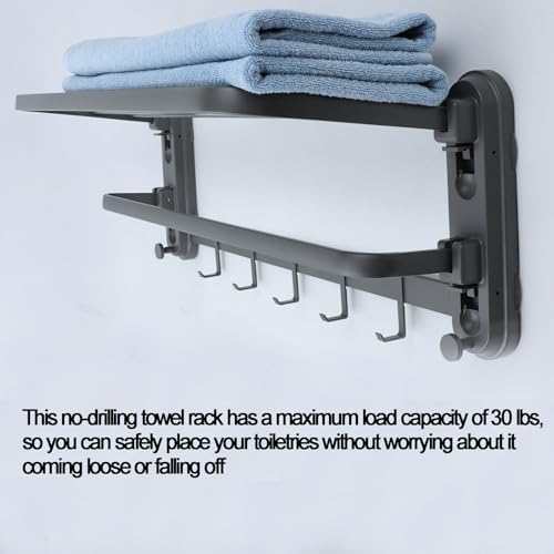 24 Inches Bathroom Shelves Towel Holder Modern Towel Racks for Bathroom Wall Mounted Foldable Towels Shelf Holder with 5 Hooks Double Towels Bar for Bathroom Lavatory Shower Wall (No Drilling)