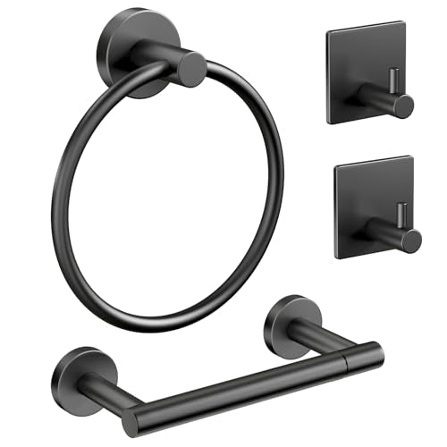 Pokim Matte Black Bathroom Hardware Set - SUS304 Stainless Steel Toilet Paper Holder,Towel Ring and 2 Robe Hooks,Rustproof,Wall Mounted 4 Piece Bathroom Accessories,Easy Installation for Bathroom - color: Matte Black
