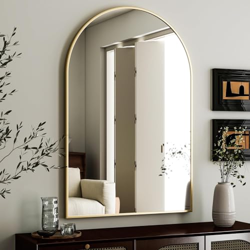 HARRITPURE Arched Wall Mirror 24"x36" Gold Metal Frame Vanity Mirrors | Aluminum Alloy Frame Bathroom Mirror Living Room, Bedroom and Entryway - color: Gold-1pcs, size: 36"L x 24"W