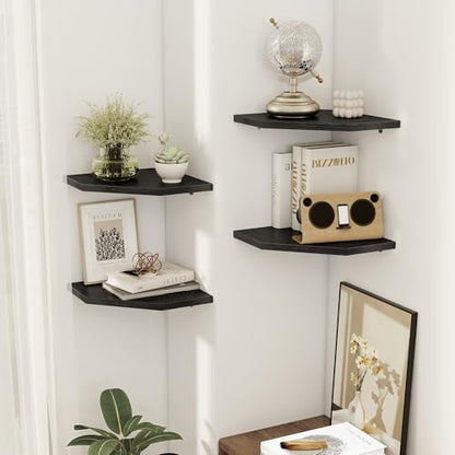 Floating Shelves 4-Pack for Bathroom & Kitchen, Space-Saving Floating Corner Wall Shelf with Easy Installation- Black