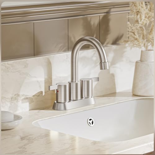 Phiestina Brushed Nickel 4 Inch 2 Handle Centerset Lead-Free Bathroom Sink Faucet, with Copper Pop Up Drain and Water Supply Lines,BF015-1-BN - color: Brushed Nickel