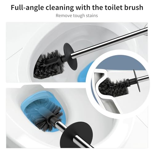 2 Pack Toilet Bowl Brush and Holder, Long Stainless Steel Handle, Black | Durable Toilet Scrubber Bristles, Toilet Brush and Holder Set, Deep Cleaning Toilet Brush for Bathroom, Ceramic-Look - size: 2 Pack