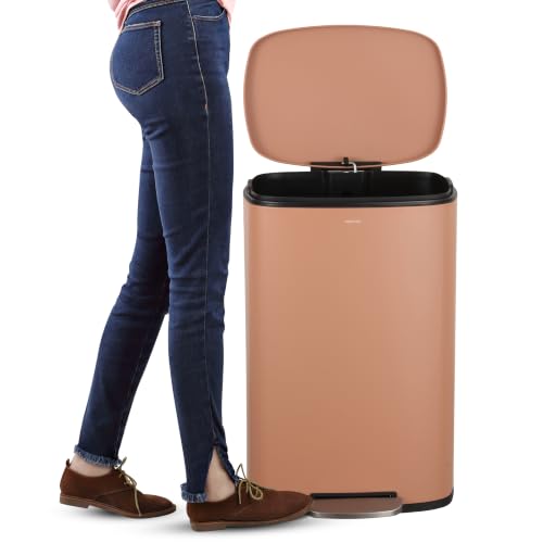 happimess Connor 2-Piece Iron Trash Can, Clay Rose | 13.2 And 1.3 Gallons, Rectangular, Soft-Close Lid, Step Pedal, 20 Liners, 26" And 12" Height - color: Clay Rose