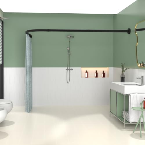 L Shaped Shower Curtain Rod, Adjustable 28-39X43-67In, 304, Black | One Size Fits Most, Anti-Gravity Base, 304 Stainless Steel, with 18 Ring Hooks, Corner Shower Curtain Rod for bathroom, Drill - color: Black, size: 28-39 X 43-67inch