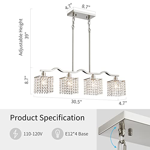 WUZUPS Crystal Chandelier 4-Light Linear Raindrop Pendant Ceiling Light Modern Lighting Fixture for Bedroom Dinning Room Bar Kitchen Island, H8.7'' W4.7'' L30.5, E12 Base, Nickel - color: Nickel Pendant Light