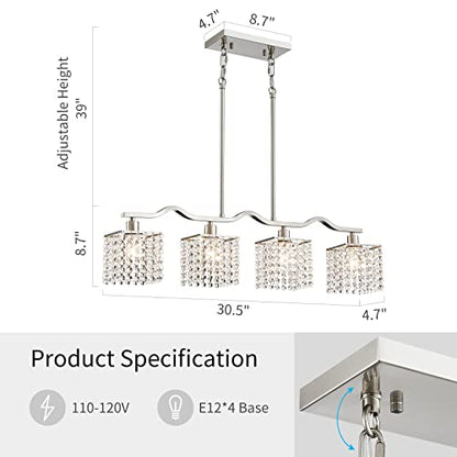WUZUPS Crystal Chandelier 4-Light Linear Raindrop Pendant Ceiling Light Modern Lighting Fixture for Bedroom Dinning Room Bar Kitchen Island, H8.7'' W4.7'' L30.5, E12 Base, Nickel - color: Nickel Pendant Light