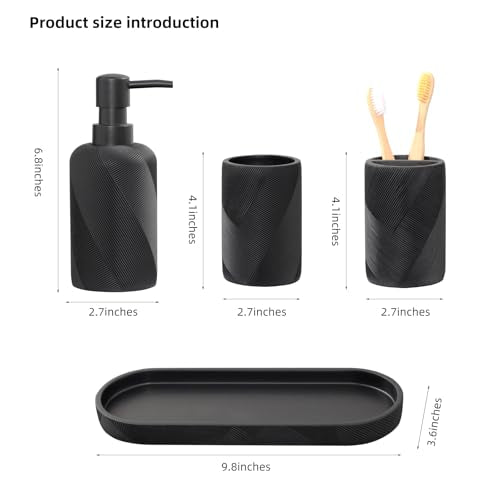 Bathroom Accessories Set, Bathroom Organizer Countertop, Matte Black, 4 PCS | Modern,Simple,Stripe, With 10OZ Soap Dispenser, Toothbrush Holder, Mouthwash Cup, Vanity Tray for Bathroom Home Hotel Office - color: Black1-4pcs