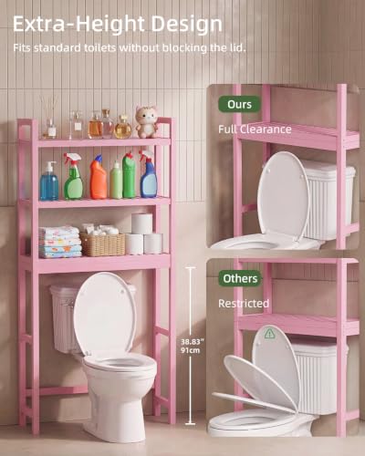 SMIBUY Bathroom Storage Shelf, Bamboo Over-The-Toilet Organizer Rack, Freestanding Toilet Space Saver with 3-Tier Adjustable Shelves (Pink) - color: Pink