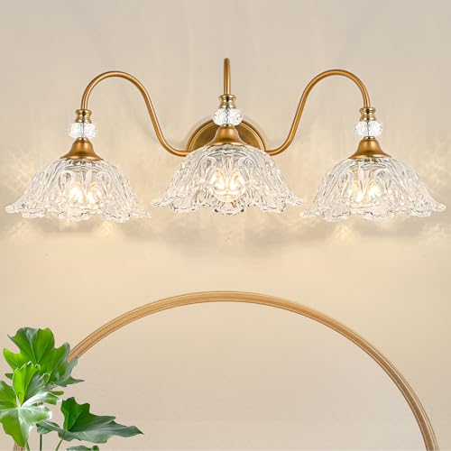 Vintage Bathroom Vanity Light, 3-Light Matte Brass Finish Vanity Light with Floral Clear Glass Shades, Retro Wall Sconce for Bathroom, Dressing Table - color: Brass, size: 3-Light