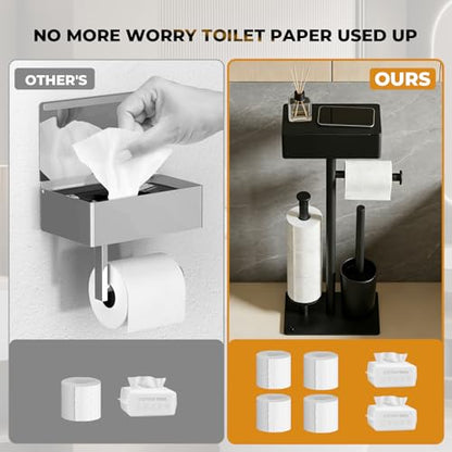 Freestanding Toilet Paper Holder Stand with Shelf, Drawer, 7-Roll Capacity | Black rustproof metal bathroom tissue holder with wipes drawer, top shelf and weighted non-slip base, stores up to 7 rolls - size: Style 2