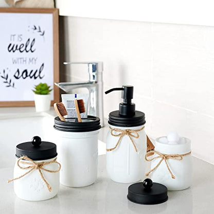 Amolliar Mason Jar Bathroom Accessories Set, 4Pcs Glass Bathroom Set, Black | White Retro Lotion Soap Dispenser, 2 Apothecary Jars, Toothbrush Holder, Rustic Farmhouse Bathroom Decor Countertop Organizer - size: White Black, style: Standard-mouth