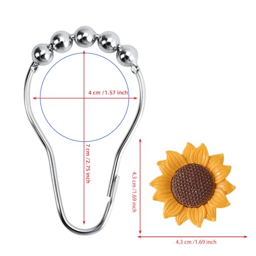 Sunflower Decorative Shower Curtain Hooks, Set of 12,Roller Ball, Stainless Steel, Flower Decor,Rustproof,Easy Install,Home Living & Bathroom Decor,Yellow and Brown Shower Rings