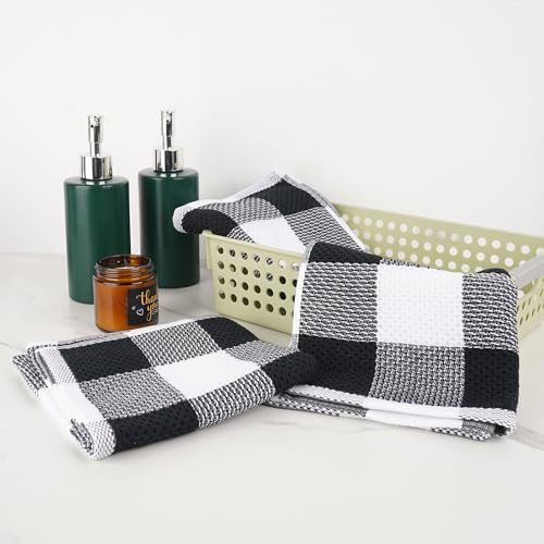 5-Pack Buffalo Plaid Hand Towels - 100% Cotton Waffle Weave, 13x29 Inch - Soft, Absorbent & Quick Dry Dish Cloths for Kitchen and Bathroom Decor, Farmhouse Style (Black & White)