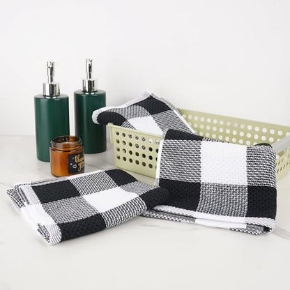 5-Pack Buffalo Plaid Hand Towels - 100% Cotton Waffle Weave, 13x29 Inch - Soft, Absorbent & Quick Dry Dish Cloths for Kitchen and Bathroom Decor, Farmhouse Style (Black & White)