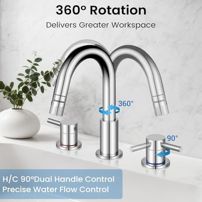 Pull-Down Bathroom Faucet 3 Hole 8 Inch with Pop-Up Drain,Chrome | 360° Swivel Spoutr & Dual Modes,8" Widespread 2-Handle, Pop-Up Drain & 10-Min Install for 3-Hole Bathroom Sink Faucets. - color: Chrome