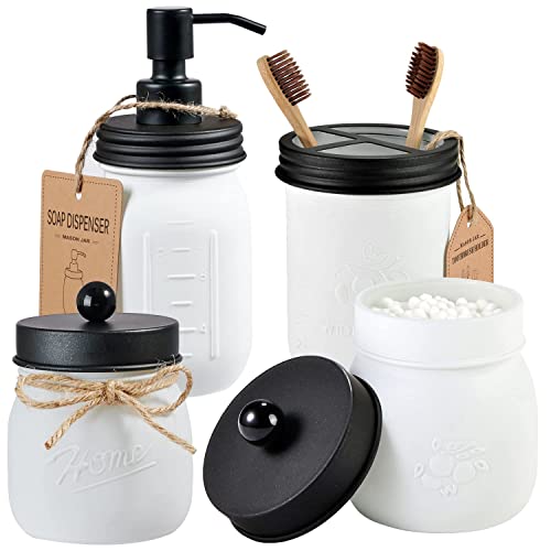 Amolliar Mason Jar Bathroom Accessories Set, 4Pcs Glass Bathroom Set, Black | White Retro Lotion Soap Dispenser, 2 Apothecary Jars, Toothbrush Holder, Rustic Farmhouse Bathroom Decor Countertop Organizer - size: White Black, style: Standard-mouth