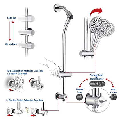 Rainfall Shower Head with Handheld Shower Spray, with 26" Drill Free Adjustable Height Slider Bar, High Pressure Dual Shower Head Combo, 3-Way Diverter for Easy Reach, 5Ft Hose - Chrome Finish - color: Chrome