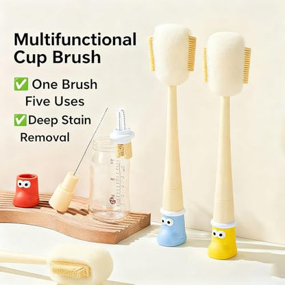 5-in-1 Multifunctional Cup Brush, Bottle Cleaning Set with Rim Brush, Gap Brush, Silicone Head, Sponge Head and Straw Brush (Blue) - color: Blue