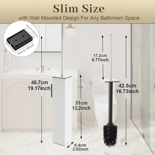 Toilet Brush and Holder Wall Mounted, White Aluminum with 2 Replaceable Heads, Bathroom Toilet Brush, Drill or 3M Adhesive Mount for Bathroom - color: White-wall Mounted