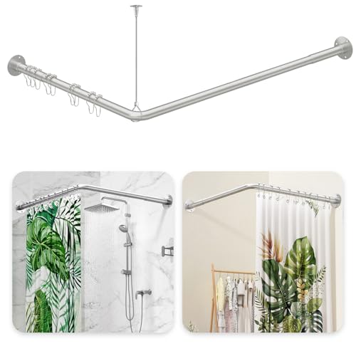 L Shaped Shower Curtain Rod - [39''-69''] x [55''-85''] Adjustable Corner Shower Curtain Rod, 90 Angel Degree Shower Rod Bar for Bathroom Bathtub, Clothing Store with 12 Ring Hooks Ceiling Support - color: Silver