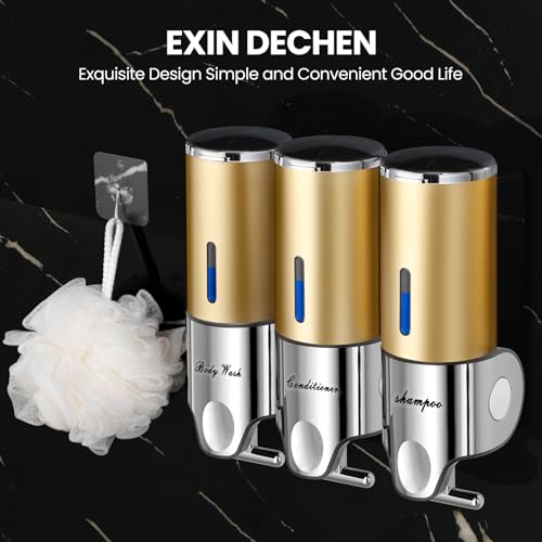 EXIN DECHEN Shampoo and Conditioner Dispenser(Triple x 16.9 oz,Golden) | Easy Installation,Wall-Mounted,Bottle Separable,Large Capacity,Shower Shampoo Conditioner Body Wash Dispenser for Bathroom - color: Golden