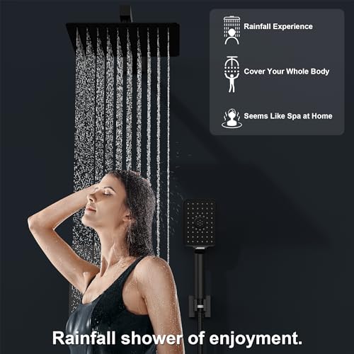 Rain Shower System 10IN Modern Brass Faucet Set With Valve and Diverter Shower Mixer With Handheld High Pressure Square Rainfall Shower Valve (10'' Wall Mount, Matte Black) - color: Matte Black, style: 10'' Wall Mount