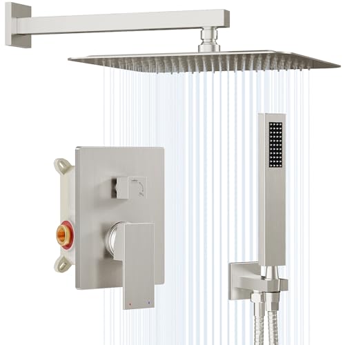 Gabrylly Rain Shower Head with Handheld Spray Combo, 12", Brushed Nickel | All Metal Shower System, High Pressure Rainfall Shower Faucet Set, Solid Brass Shower Valve Complete Shower Set for Bathroom - color: Brushed Nickel, size: 12 Inch
