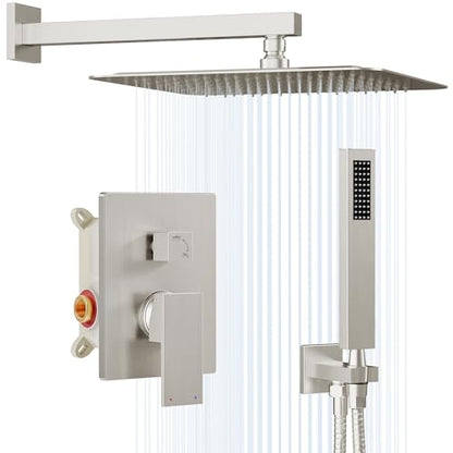 Gabrylly Rain Shower Head with Handheld Spray Combo, 12", Brushed Nickel | All Metal Shower System, High Pressure Rainfall Shower Faucet Set, Solid Brass Shower Valve Complete Shower Set for Bathroom - color: Brushed Nickel, size: 12 Inch