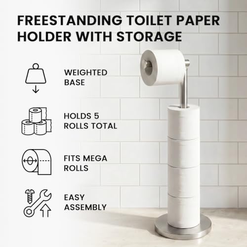 Cesun Weighted Base Free Standing Toilet Paper Holder Stand, Brushed Nickel | SUS304 Rustproof Steel | Thick Non-Slip Base | Swivel Pivot Design | Slim Footprint | Holds 5 Rolls - color: Brushed Nickel