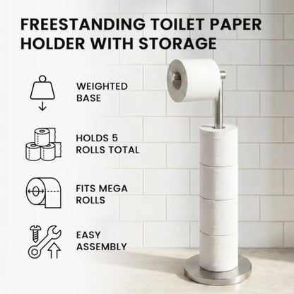 Cesun Weighted Base Free Standing Toilet Paper Holder Stand, Brushed Nickel | SUS304 Rustproof Steel | Thick Non-Slip Base | Swivel Pivot Design | Slim Footprint | Holds 5 Rolls - color: Brushed Nickel